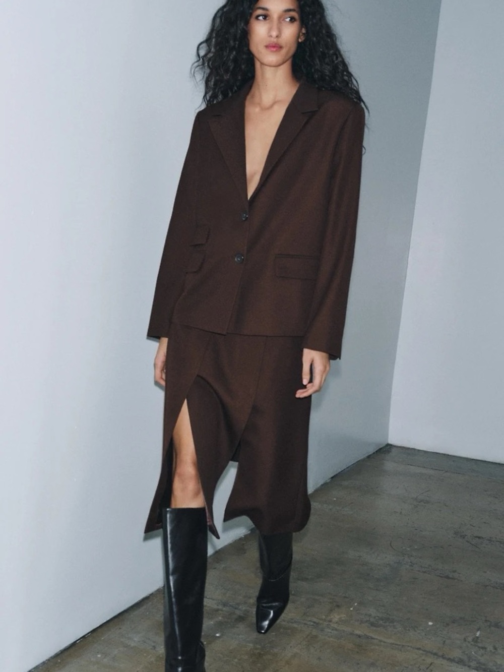 Zara Chocolate Brown Two-Piece Blazer Skirt Set